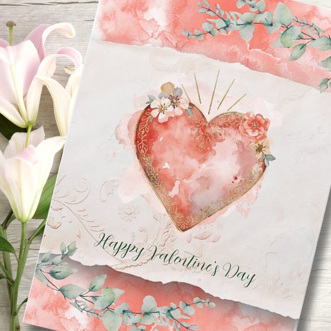 Blush Baroque Heart with Floral Accents Valentines Holiday Card (Creator Uploaded)