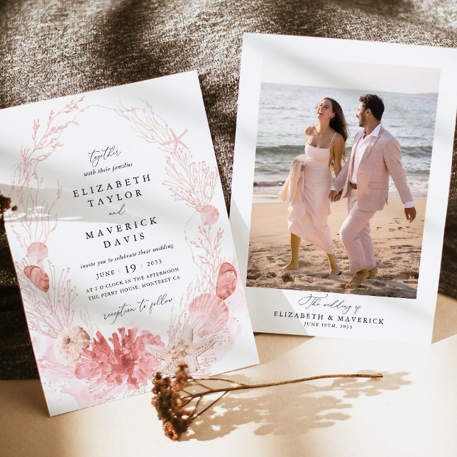 Blush Beach Coastal Seashell Photo Wedding Invitation (Blush Beach Photo Wedding Invitation Coastal Wedding Seashell Ocean Destination Wedding Stationery)