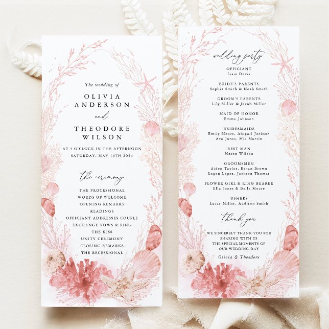 Blush Beach Coastal Seashell Wedding Ceremony Programme (Blush beach coastal wedding program ceremony timeline wedding party cards pink seashell stationery)