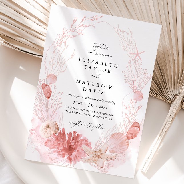 Blush Beach Coastal Seashell Wedding Invitation (Beach Wedding Invitation Blush Coastal Seashell Invitation Pink Ocean Destination Wedding Card)