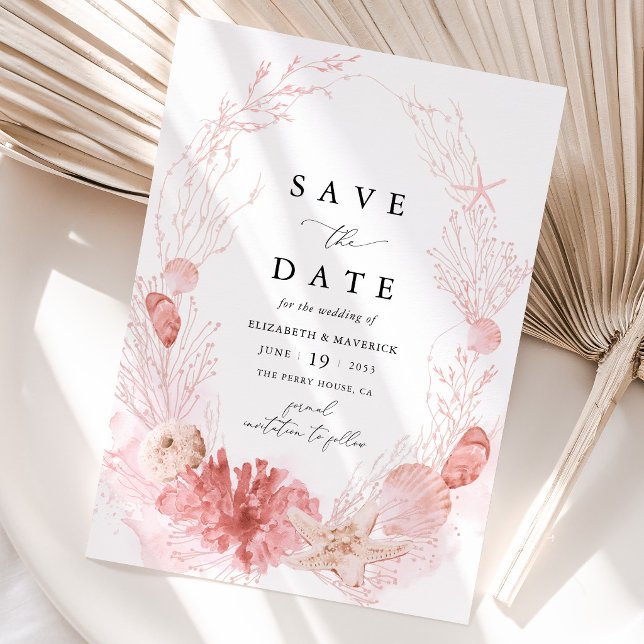 Blush Beach Coastal Seashell Wedding Save The Date (Blush Coastal Seashell Save the Date Card Pink Beach Destination Wedding Stationery)