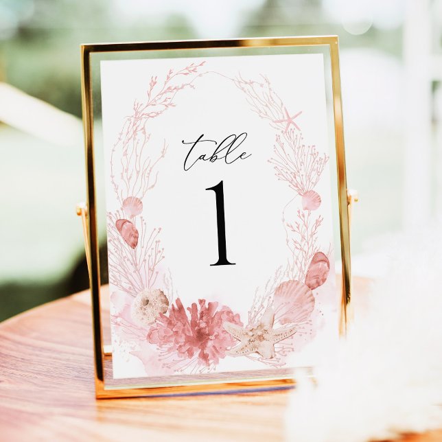 Blush Beach Coastal Seashell Wedding Table Numbers (Coastal Blush Seashell Wedding Table Number Card Pink Beach Destination Reception Decor Gold Decor)