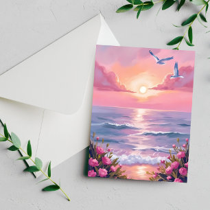 Blush Beach Pink Ocean Sunset Coastal Card
