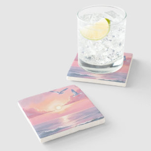 Blush Beach   Pink Ocean Sunset Coastal Watercolor Stone Coaster