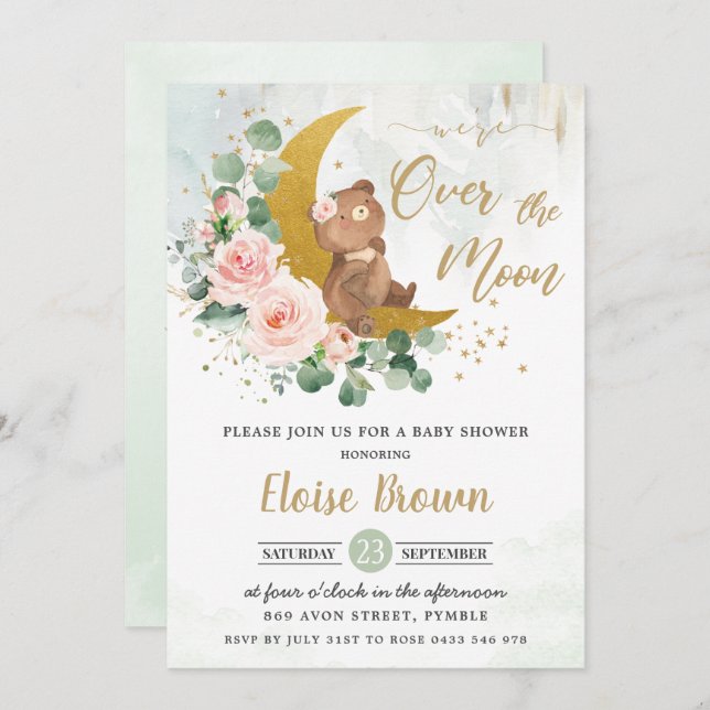 Blush Bear We're Over the Moon Girl Baby Shower Invitation (Front/Back)