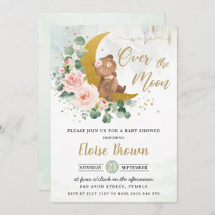 Blush Bear We're Over the Moon Girl Baby Shower Invitation