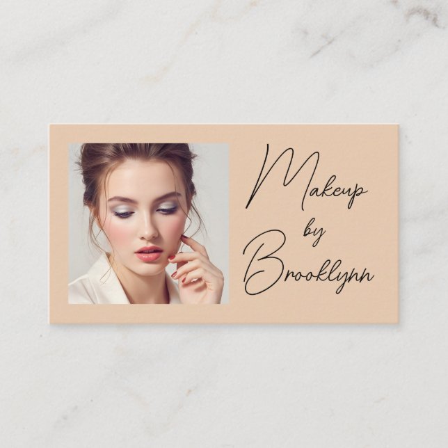 Blush Beige Black Script Photo Makeup Business  Card (Front)