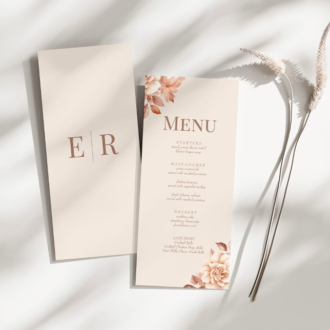 Blush Beige Monogram Wedding Menu Card (Modern Rose Gold Floral Monogram Wedding Menu Card on a sunny white table.)