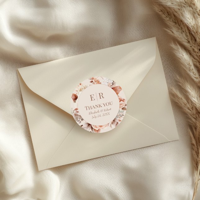 Blush Beige Monogram Wedding Thank You Sticker (Modern Mousse Monogram Floral Wedding Thank You Classic Round Sticker on a small envelope)