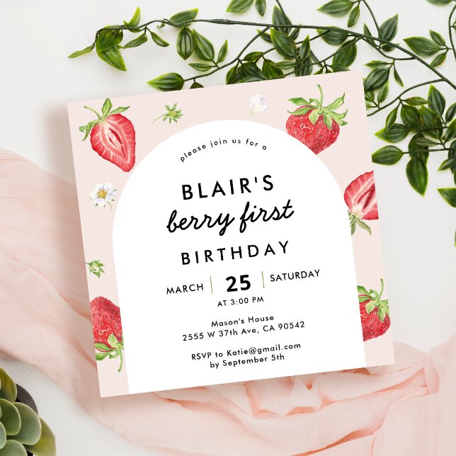 Blush Berry First Birthday Strawberry Square Invitation (Creator Uploaded)