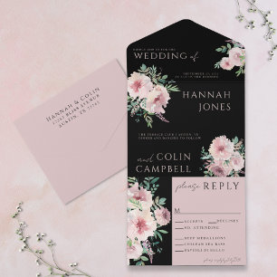 Blush & Black Elegant Floral Watercolor All In One Invitation