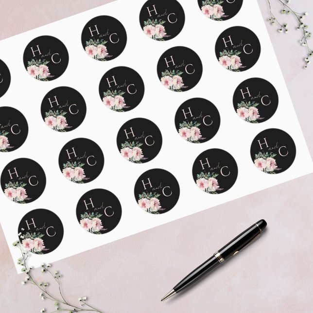 Blush & Black Elegant Floral Watercolor  Classic Round Sticker (Creator Uploaded)