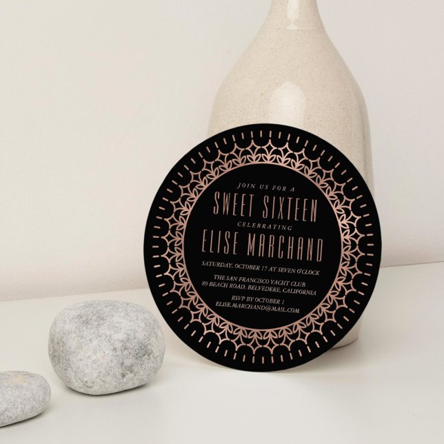 Blush & Black Faux Rose Gold Deco Sweet Sixteen Invitation (Creator Uploaded)