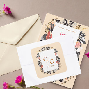 Blush & Black Floral Monogram Wedding Envelope Square Sticker