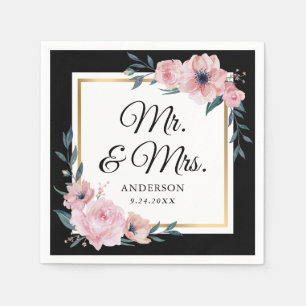 Blush Black Gold Floral Mr. & Mrs. Wedding Napkin