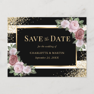 Blush Black Gold Floral Wedding Save The Date Announcement Postcard