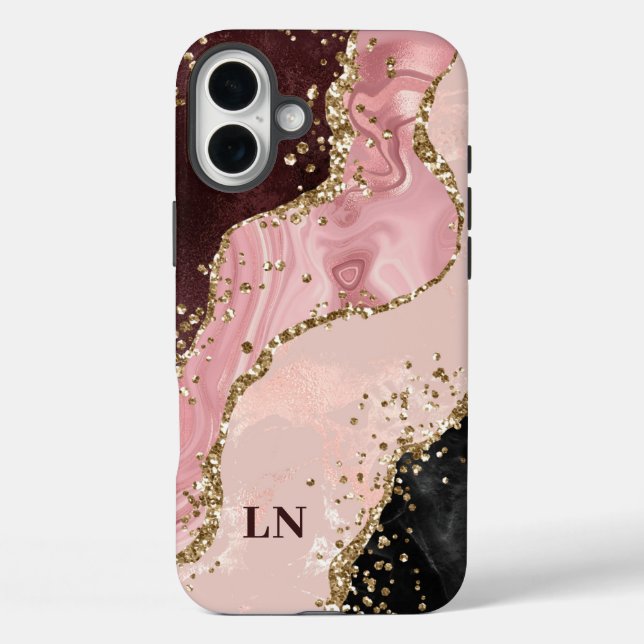 Blush Black Gold Glitter Agate Monogram Case-Mate iPhone Case (Back)