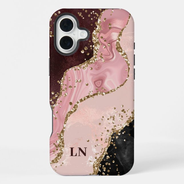 Blush Black Gold Glitter Agate Monogram iPhone Case (Back)