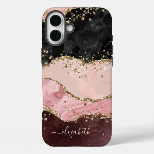 Blush Black Gold Glitter Agate Name Script iPhone 16 Plus Case