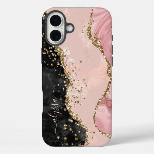 Blush Black Gold Glitter Agate Name Script iPhone 16 Plus Case