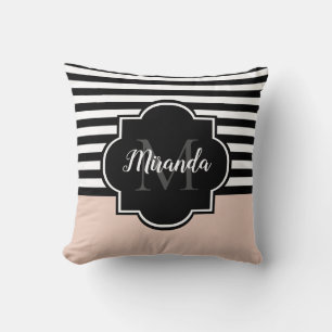 Blush Black Stripe Monogram Name Cushion