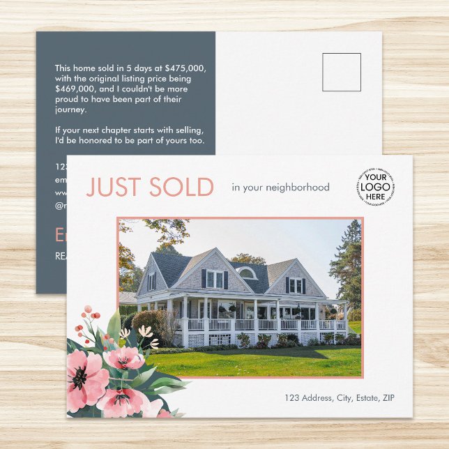 Blush Bloom Just Sold Grey Real Estate Agent Postcard (Creator Uploaded)