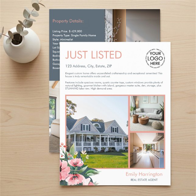 Blush Bloom Listing Grey Real Estate Agent Flyer (Creator Uploaded)