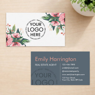 Blush Bloom Logo Grey Real Estate Agent Business Card
