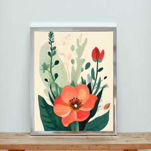 Blush Bloom: Peach Flower and Leaves Art Print