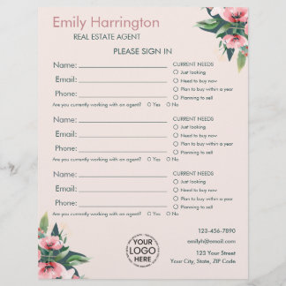 Blush Bloom Sign In Sheet Rose Real Estate Agent