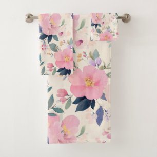 Blush & Bloom Soft Floral Pink Peach Watercolor Bath Towel Set