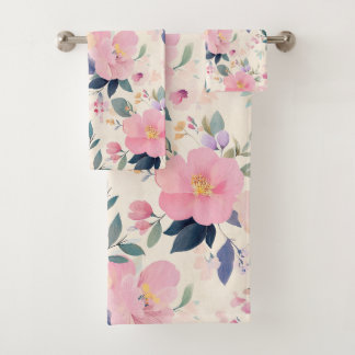 Blush & Bloom Soft Floral Pink Peach Watercolor Bath Towel Set