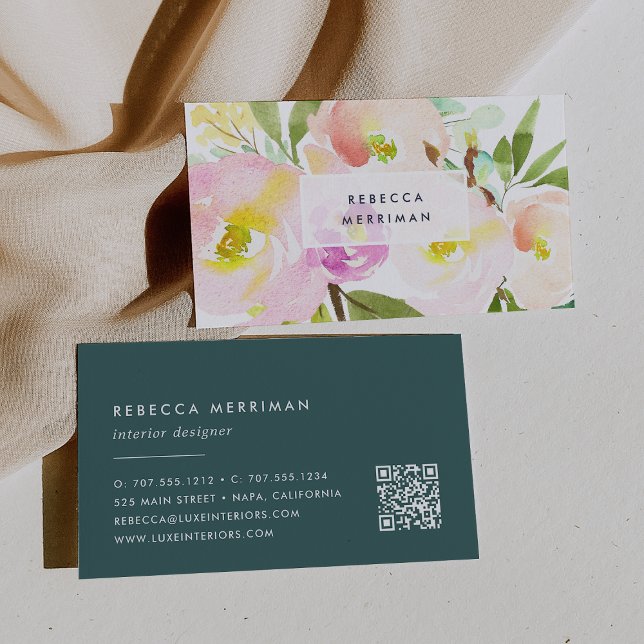 Blush Bloom | Watercolor Floral QR Code Business Card (Creator Uploaded)