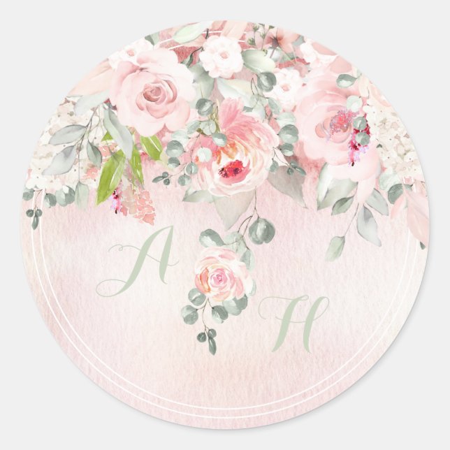 Blush & Blooms Initial Monogram Classic Round Sticker (Front)
