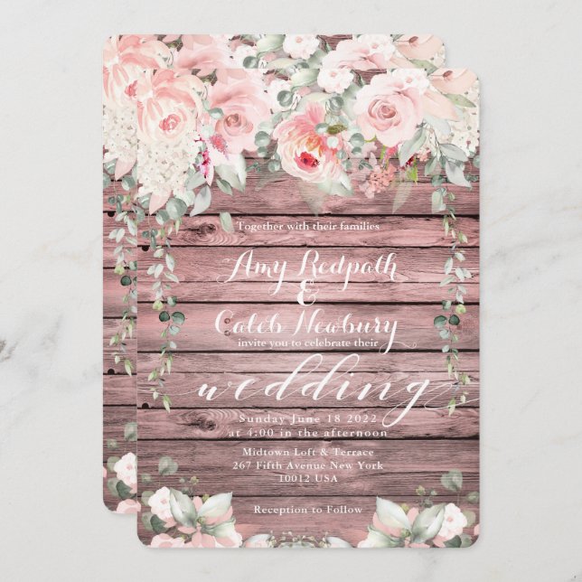 Blush & Blooms Wedding Rose Wood Rustic Barn Board Invitation (Front/Back)