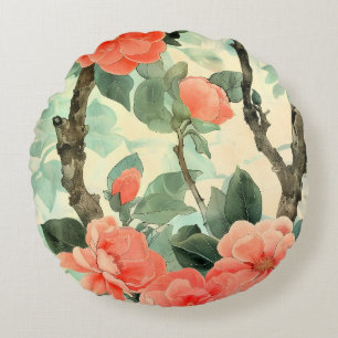 Blush Blossom Camelia Garden Watercolor Round Cushion
