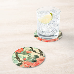Blush Blossom Camelia Garden Watercolor Round Paper Coaster