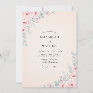 Blush Blue Botanical Watercolor Wedding Invitation