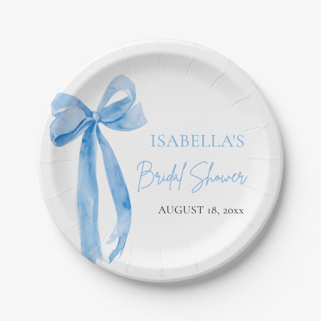 Blush Blue Bow She's Tying the Knot Bridal Shower Paper Plate (Front)
