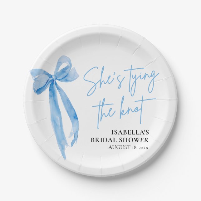 Blush Blue Bow She's Tying the Knot Bridal Shower Paper Plate (Front)