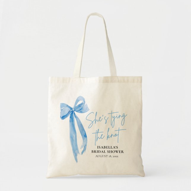 Blush Blue Bow She's Tying the Knot Bridal Shower  Tote Bag (Front)