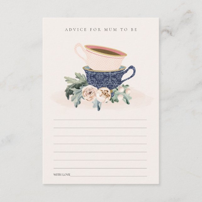Blush Blue Cup Floral Advice For Mum Baby Shower Enclosure Card (Front)