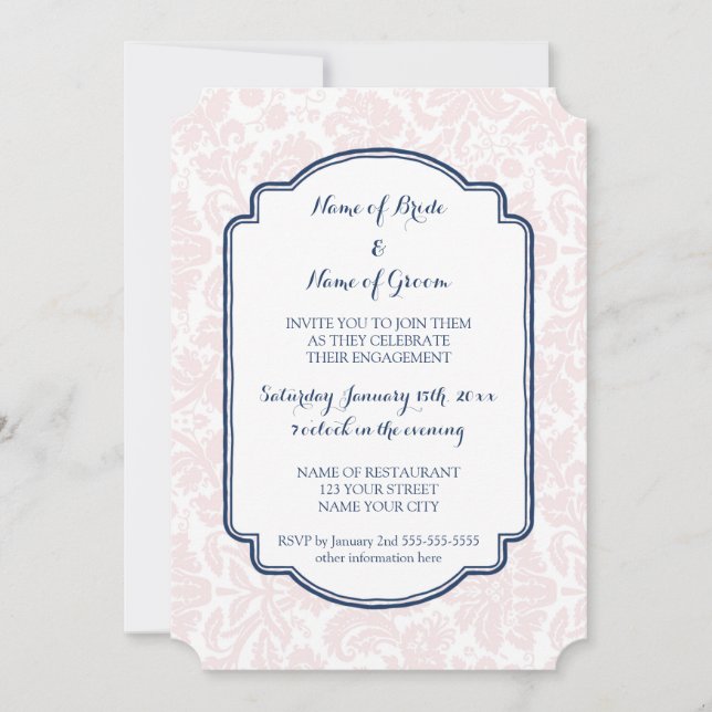 Blush Blue Damask Engagement Party Invitations (Front)