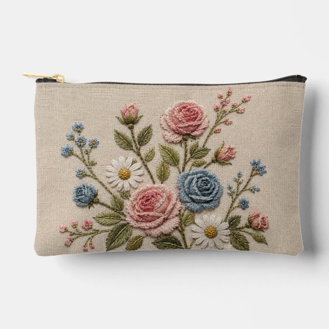 Blush & Blue Embroidered Roses Accessory Pouch (Front)