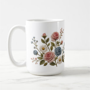 Blush & Blue Embroidered Roses Coffee Mug