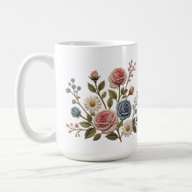 Blush & Blue Embroidered Roses Coffee Mug (Left)