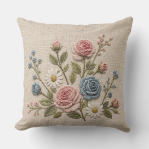 Blush & Blue Embroidered Roses Cushion