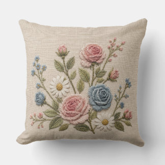 Blush & Blue Embroidered Roses Cushion