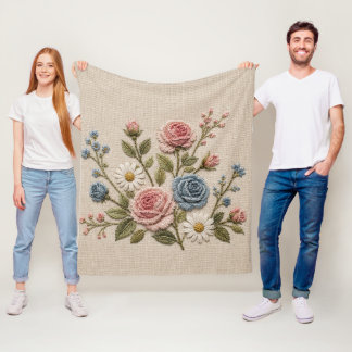 Blush & Blue Embroidered Roses Fleece Blanket