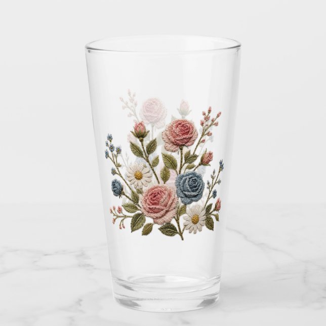 Blush & Blue Embroidered Roses Glass (Front)